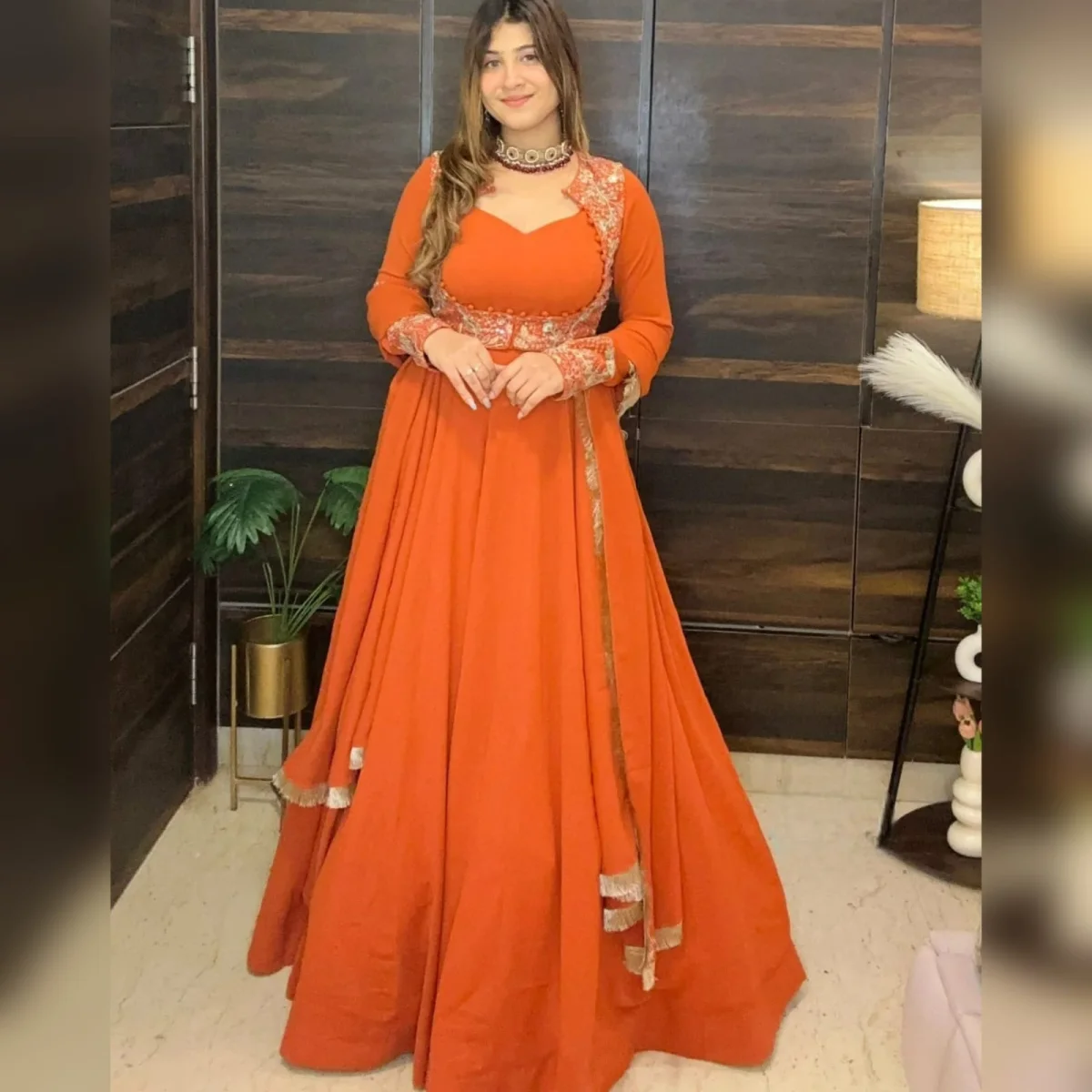 Deep Orange Faux Georgette Anarkali Suit